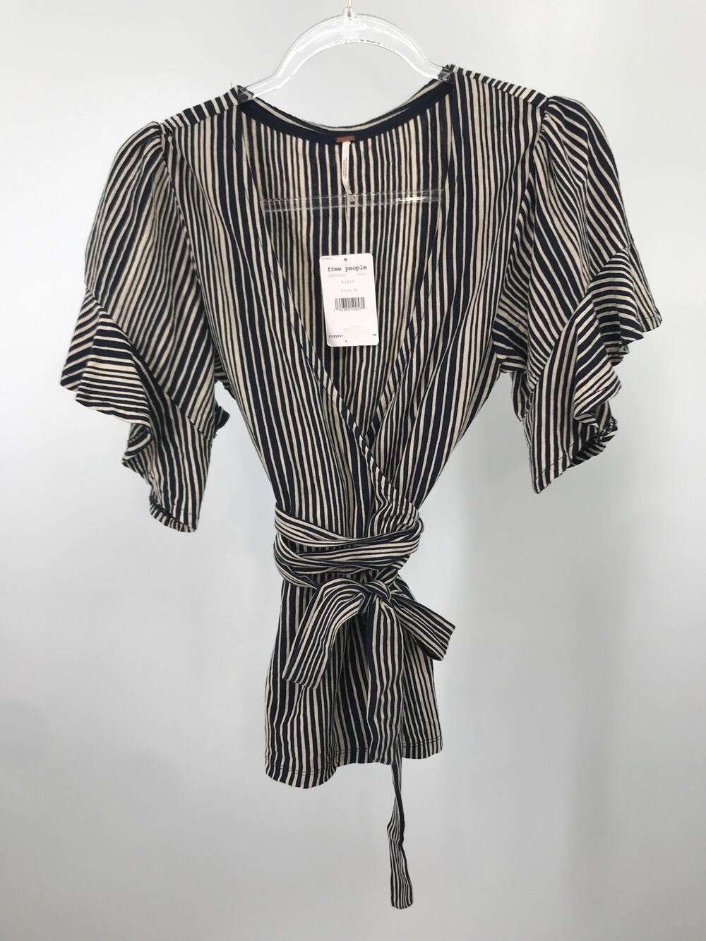Free People Wrapped Around My Finger M Striped Knit Short Sleeve Wrap Blouse